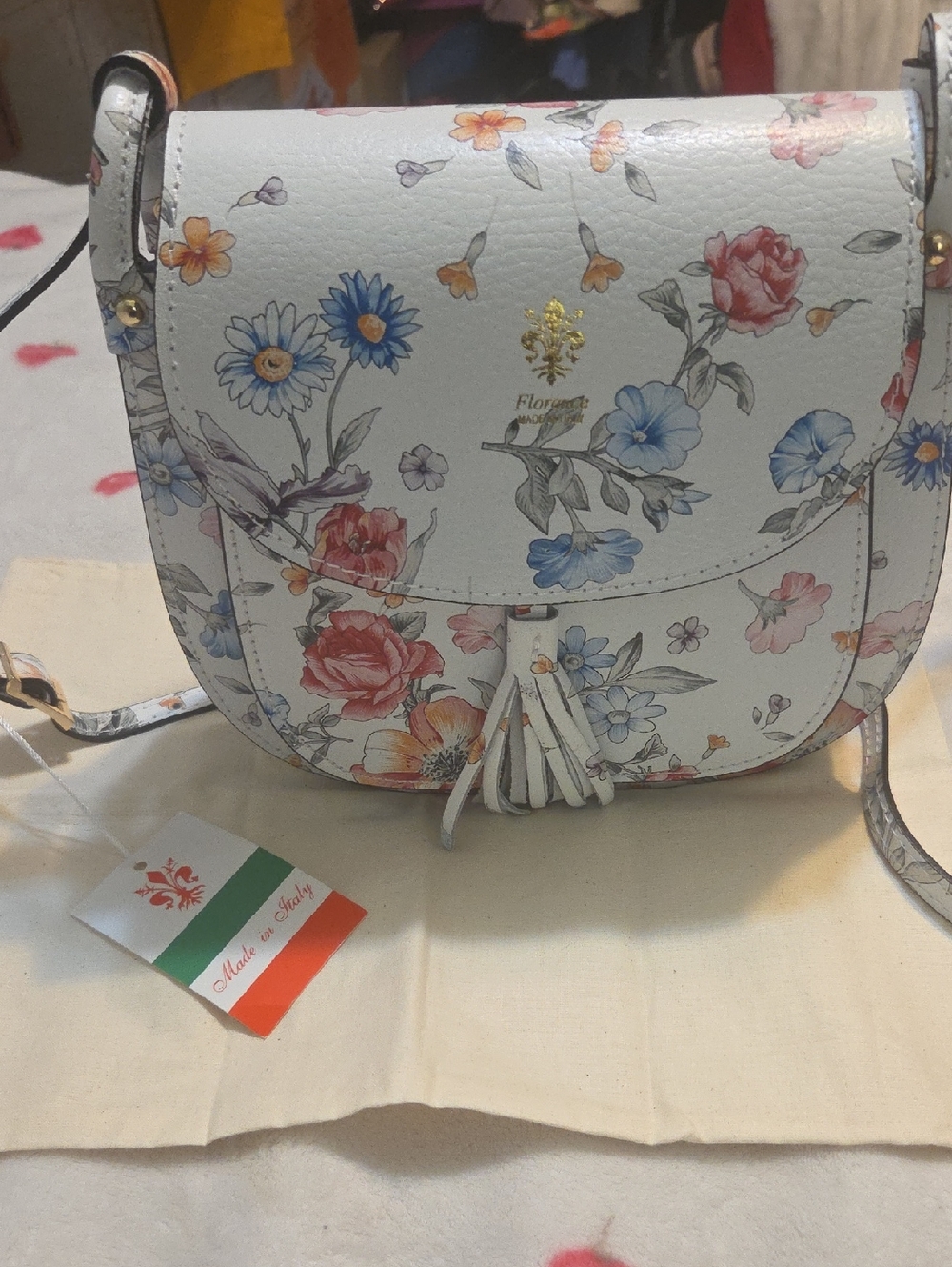 Floral Crossbody Bag in White with Multicolor Flowers